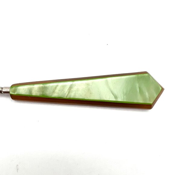Vintage Victorian Era Bakelite Button Hook Tool Metal Shaft Pearl Green & Brown - Picture 2 of 9